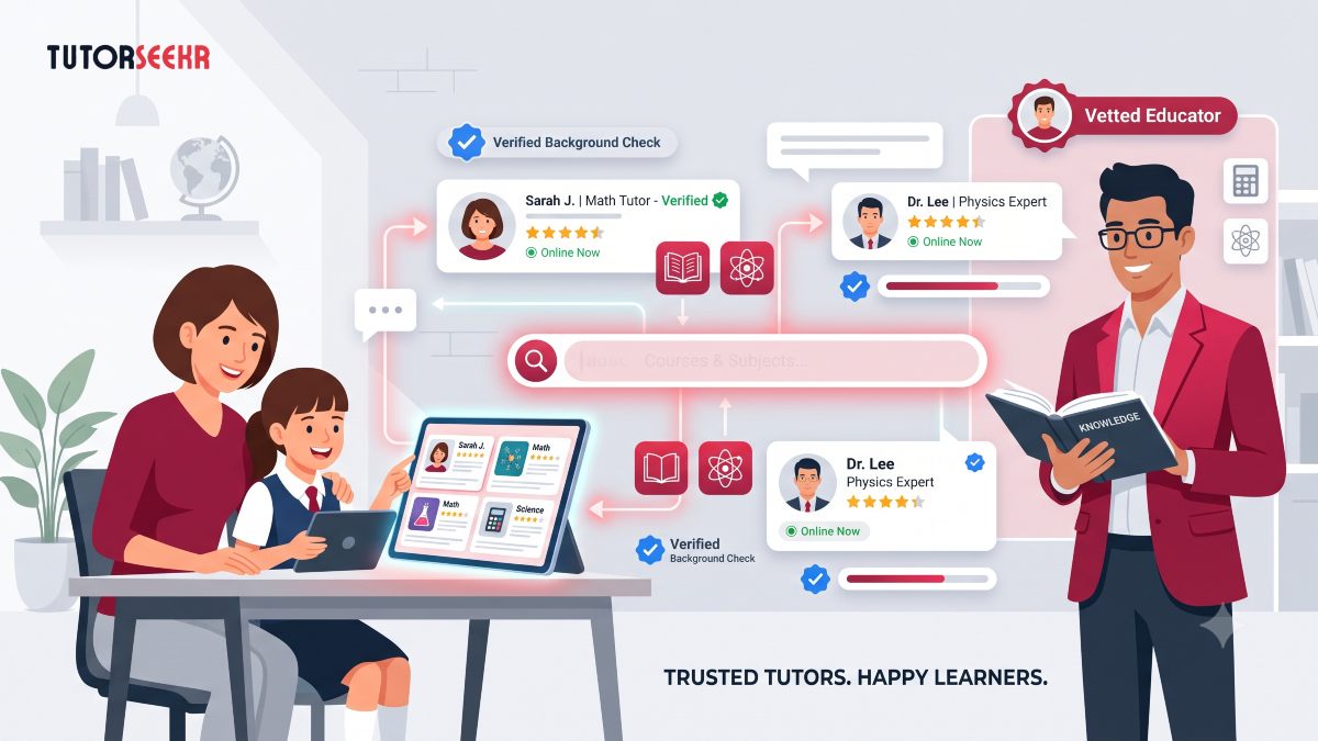 Introducing TutorSeekr: The Transparent Directory for Local Tutors and Coaching Classes A family going through vetted tutors in a user-friendly search