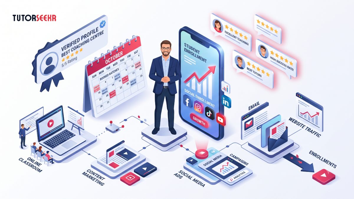 Marketing Strategies for Coaching Classes: Grow Your Institute Image showing strategies to market a coaching centre like email lists, discovery platforms, etc
